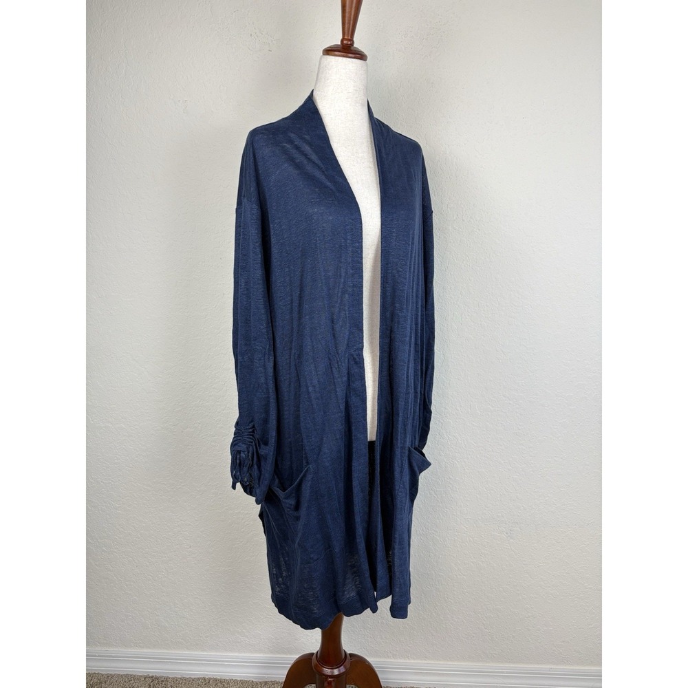 J. Jill 4x Cardigan 100% Linen Open Front Beach Boho Long Blue Duster Pocket